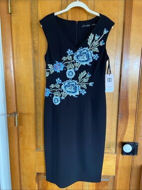 Ivanka Trump Black Midi Dress with Blue Floral & Green Leaf Embroidery